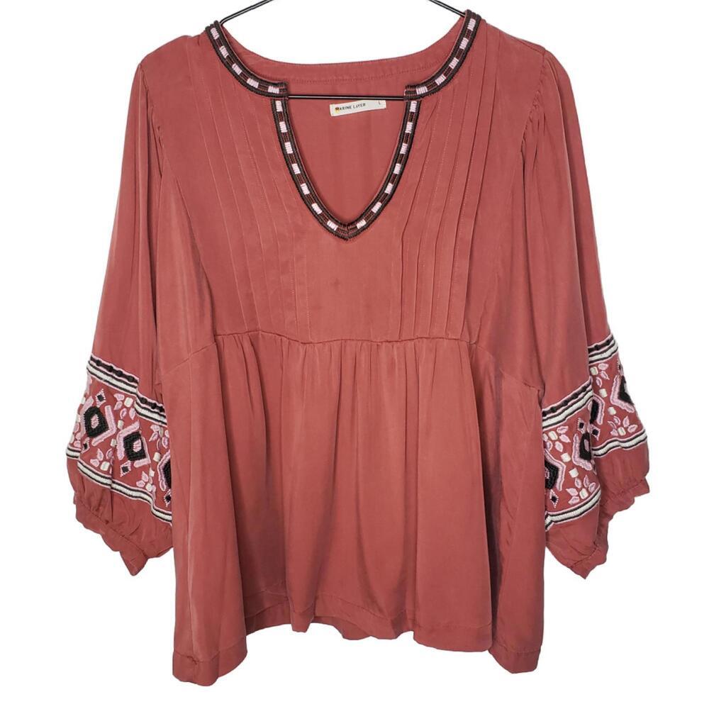 Marine Layer Women's Sz L Tocaloma Embroidered Boho Blouse Barn Red(1834)